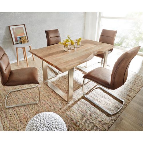 Table-De-Salle-?-Manger Edge Acacia Nature 140x90 Acier Inoxydable ?Troit Live-Edge