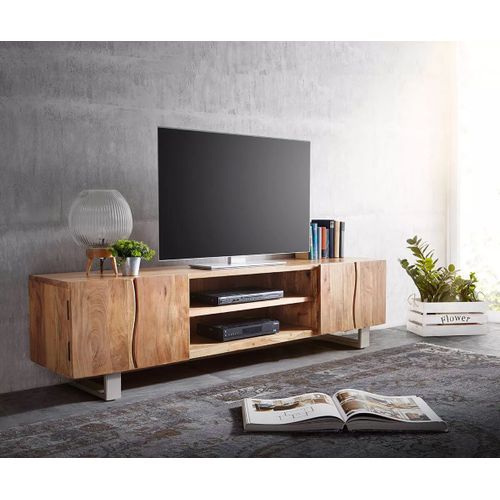 Meuble-Tv Live-Edge Acacia Nature 200 Cm 4 Portes 2 Compartiments Tronc D'arbre Lowboard