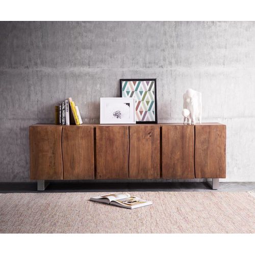 Commode Live-Edge Acacia Marron 220 Cm 6 Portes Bois Massif Bord De Tronc D'arbre Buffet