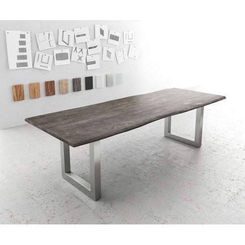 Table-De-Salle-?-Manger Edge Acacia Platine 260x100 Acier Inoxydable Large Live-Edge