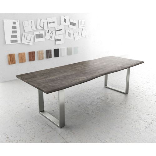 Table-De-Salle-?-Manger Edge Acacia Platine 260x100 Acier Inoxydable ?Troit Live-Edge