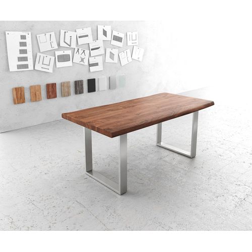 Table-De-Salle-?-Manger Edge Acacia Marron 180x90 Xl Acier Inoxydable ?Troit Live-Edge