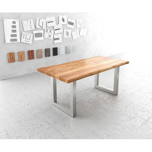 Table-De-Salle-?-Manger Edge Acacia Nature 180x90 Xl Acier Inoxydable Large Live-Edge