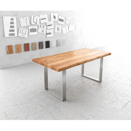 Table-De-Salle-?-Manger Edge Acacia Nature 180x90 Xl Acier Inoxydable ?Troit Live-Edge