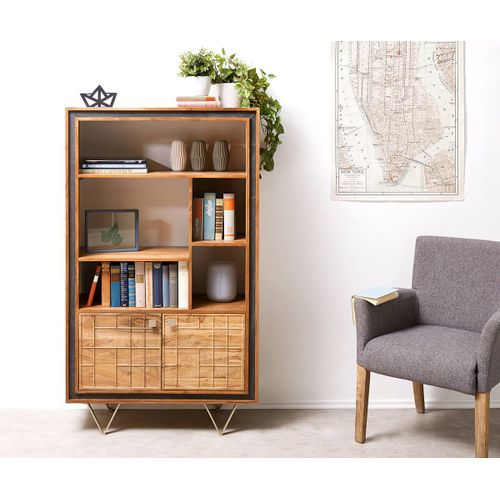 Armoire-Haut Stonegrace Acacia Nature 88 Cm 2 Portes 5 Compartiments Buffet Design