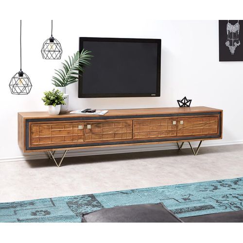 Table-Tv Stonegrace Acacia Nature 200 Cm 4 Portes Placage Pierre Design Lowboard