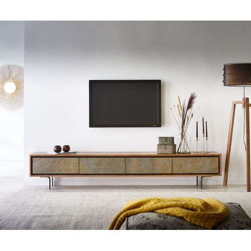 Table-Tv Juwelo 220x35x40 Acacia Nature Pierre Pieds Noir Meuble - Tv