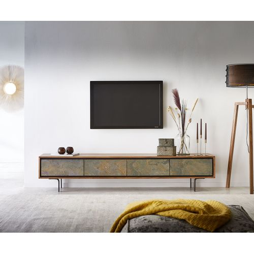 Meuble-Tv Juwelo 200x35x40 Cm Acacia Nature Pierre 4 Portes Lowboard
