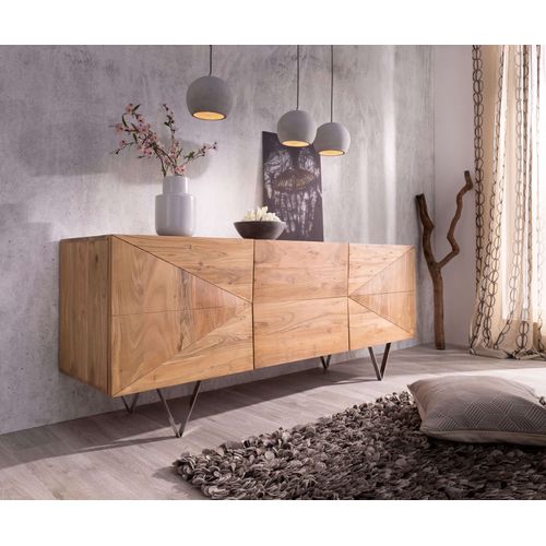 Commode Wyatt Acacia Naturel 175 Cm 3d Optique Centrale Acier Inox