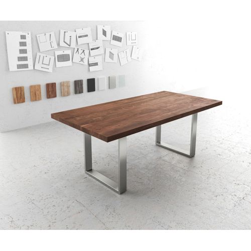 Table-De-Salle-À-Manger Edge Acacia Marron 200x100 Xl Acier Inoxydable Étroit