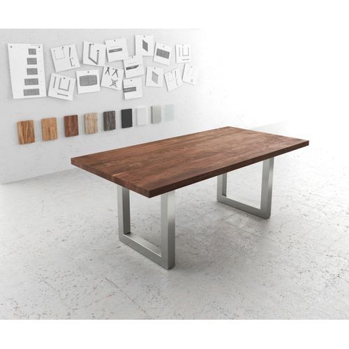 Table-De-Salle-À-Manger Edge Acacia Marron 200x100 Xl Acier Inoxydable Large