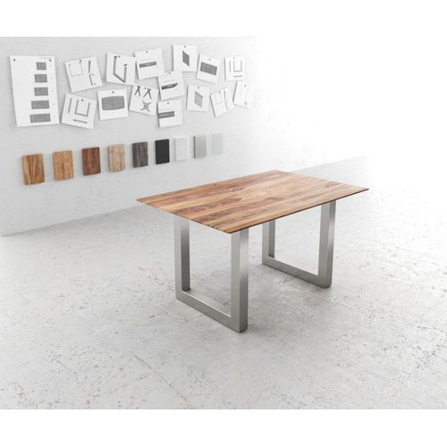 Table-De-Salle-À-Manger Edge Sheesham Nature 140x90 Acier Inoxydable Large Bord Suisse