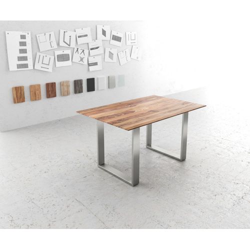 Table-De-Salle-À-Manger Edge Sheesham Nature 140x90 Acier Inoxydable Étroit Bord Suisse