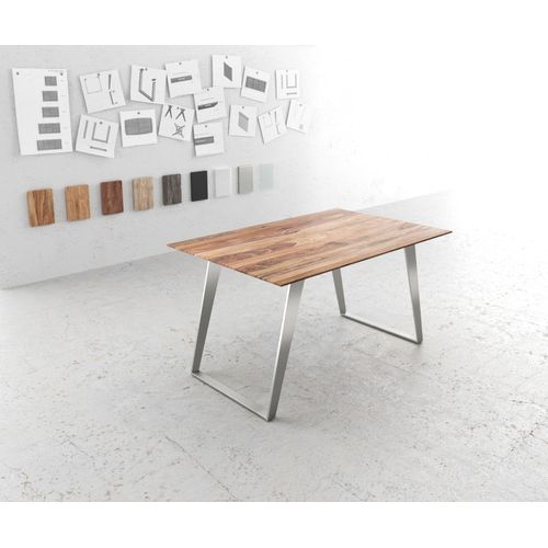 Table-De-Salle-À-Manger Edge Sheesham Nature 140x90 Acier Inoxydable Incliné Bord Suisse