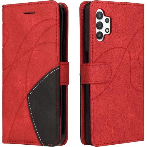 Coque Pour Samsung Galaxy A32 5g, Etui En Cuir Pu Portefeuille Housse Fermeture Magnetique Und Flip Protection Case Avec Antichoc Tpu, Etui A Rabat, Fentes Pour Cartes (Rouge)