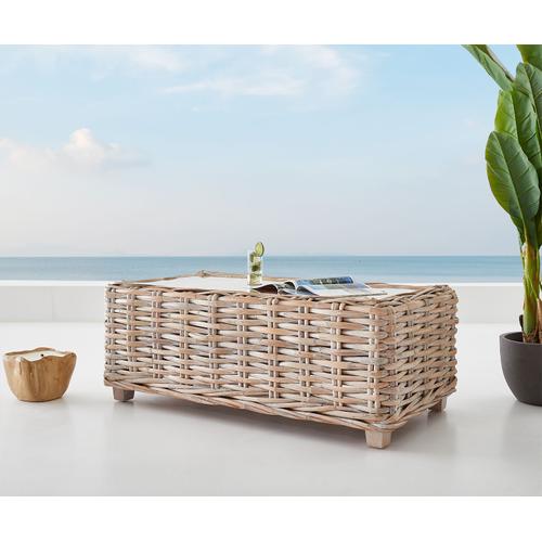 Table-De-Jardin Nizza Rotin Blanc Délavé 133x73x51 Cm Plateau En Verre Table-De-Lounge