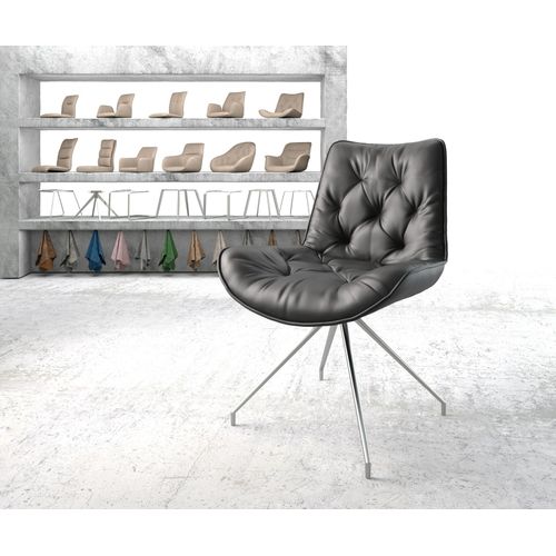 Chaise Pivotante Taimi-Flex Cadre Croisé Conique Acier Inoxydable Cuir Véritable Noir