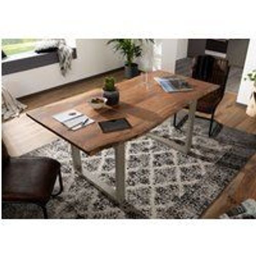 Table À Manger 220x100 Acacia Laqué Bois Naturel , Gris Mat Freeform