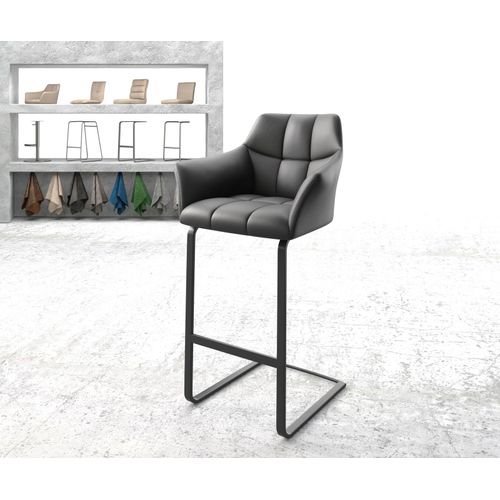 Chaise-De-Bar Yulo-Flex Chaise Cantilever Métal Plat Cuir Véritable Noir