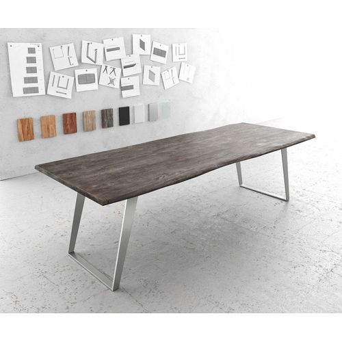 Table-De-Salle-?-Manger Edge Acacia Platine 260x100 Acier Inoxydable Inclin? Live-Edge