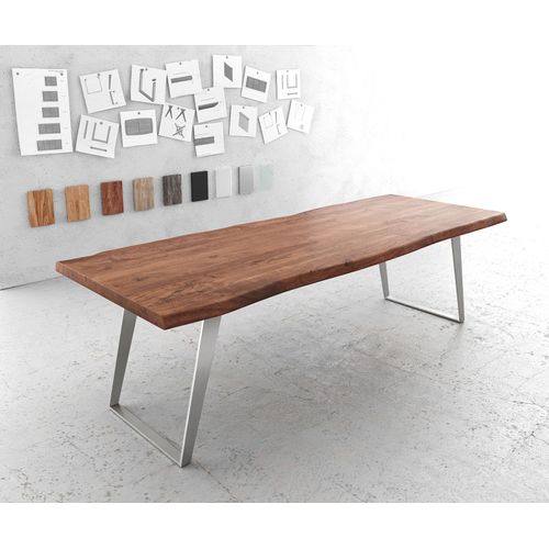 Table-De-Salle-?-Manger Edge Acacia Marron 260x100 Xl Acier Inoxydable Inclin? Live-Edge