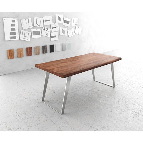Table-De-Salle-?-Manger Edge Acacia Marron 180x90 Xl Acier Inoxydable Inclin? Live-Edge