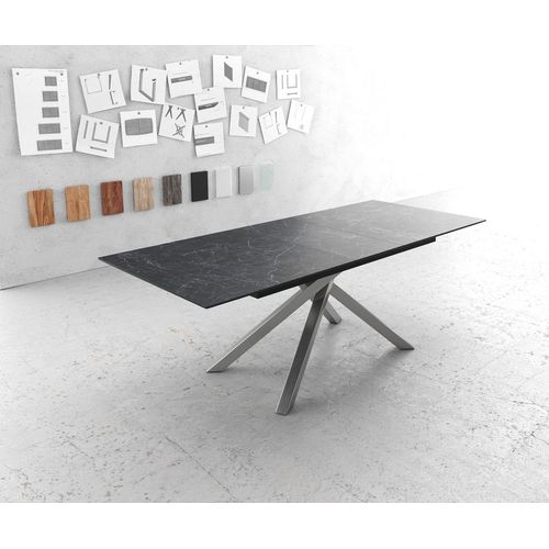 Table-De-Salle-À-Manger Edge Laminam® Céramique Gris 180-220x90cm Pieds Millieu Croisé Argent