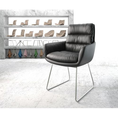 Chaise-Rembourrée Abelia-Flex Avec Accoudoir Cadre Croisé Acier Inoxydable Cuir Véritable Noir