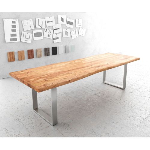 Table-De-Salle-?-Manger Edge Acacia Nature 280x100 Xl Acier Inoxydable ?Troit Live-Edge