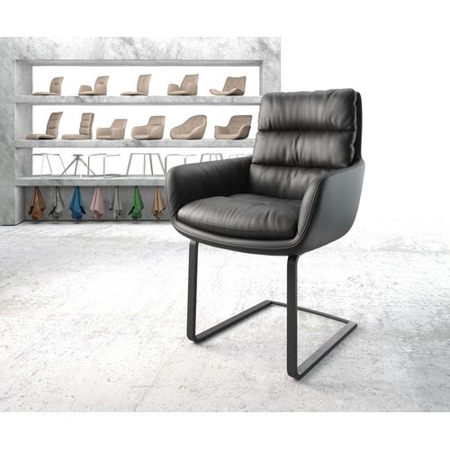 Chaise-Rembourrée Abelia-Flex Avec Accoudoir Cantilever Plat Noir Cuir Véritable Noir