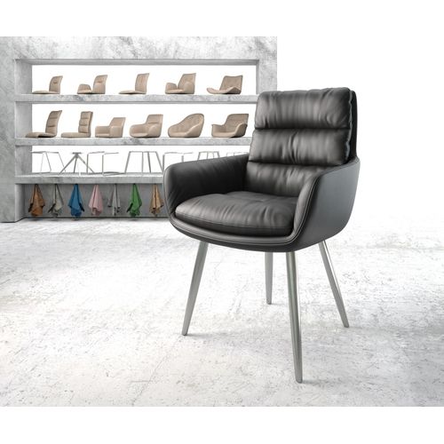 Chaise-Rembourrée Abelia-Flex Avec Accoudoir 4-Pieds Conique Acier Inoxydable Cuir Véritable Noir