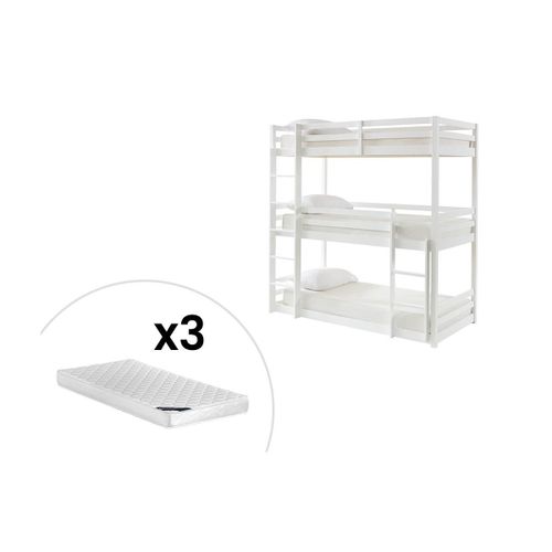 Lits Superposés Triple - 3 X 90 X 200 Cm - Pin - Blanc + Matelas - Vagar