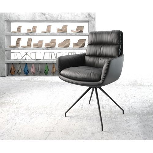 Chaise-Rembourrée-Pivotante Abelia-Flex Avec Accoudoir Cadre Croisé Conique Noir Cuir Véritable Noir