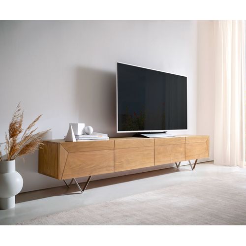 Meuble-Tv Kayu Acacia Naturel 220 Cm 4 Portes Pied En V Table Tv