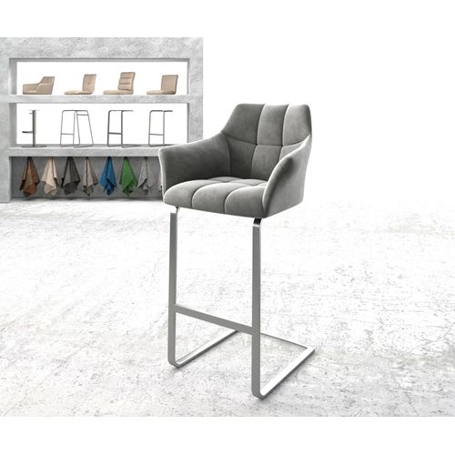 Chaise-De-Bar Yulo-Flex Chaise Cantilever Métal Plat Inoxydable Velours Gris