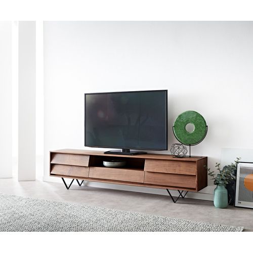 Meuble-Tv Eloi Acacia Marron 200x35 Cm 2 Portes 1 Tiroir Pied En V Noir