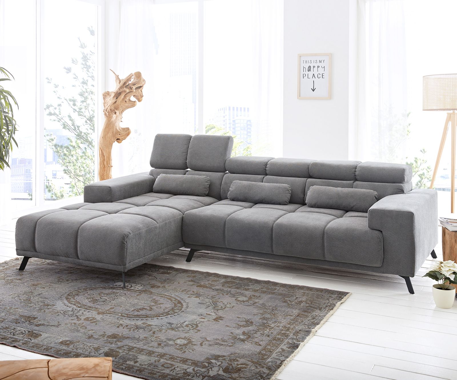 Canapé Ordino Microfibre Gris 285x200 Ottomane Gauche Fonction Relax Canapé D'angle