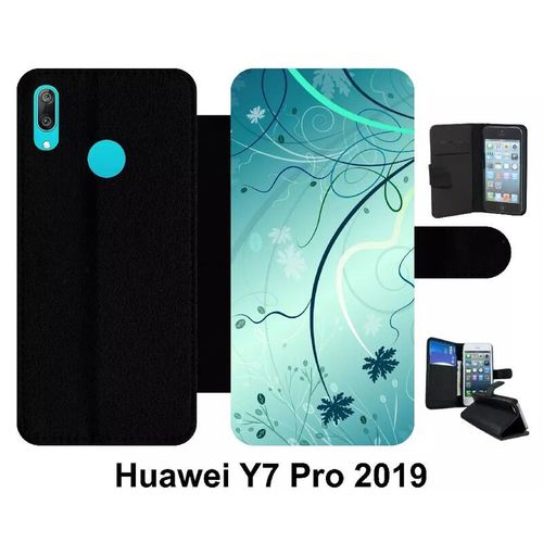 Etui À Rabat Huawei Y7 Pro - Abstrait Turquoise Fleur - Simili-Cuir - Noir