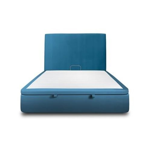 Lit Coffre 140x190cm Avec Tête De Lit Tapissier Velours Bleu - Hauteur Totale : 39cm