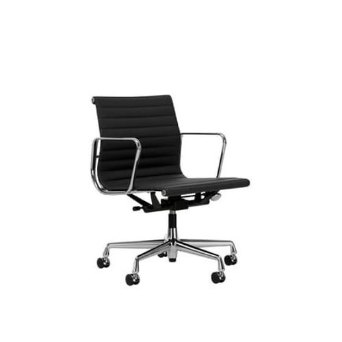 Vitra - Chaise En Aluminium Ea 117, Structure Polie, Roulettes Souples Pour Sols Durs - Chrome Brillant - Cuir Premium F/Plano - Asphalte/Gris Foncé - Roulettes Pour Sols Durs - Gris