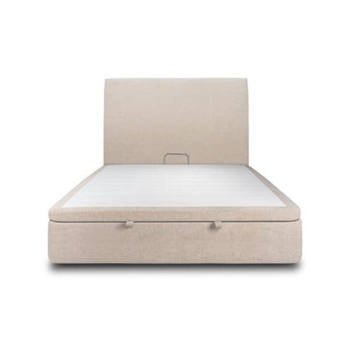 Lit Coffre 140x190cm Avec Tête De Lit Tapissier Tissu Beige Brun - Hauteur Totale : 39cm