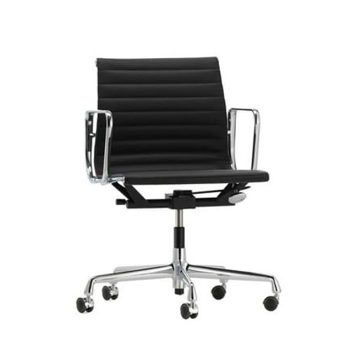Vitra - Chaise En Aluminium Ea 117, Structure Polie, Roulettes Souples Pour Sols Durs - Poli - Cuir Premium F/Plano - Nero/Nero - Roulettes Pour Tapis De Sol - Noir