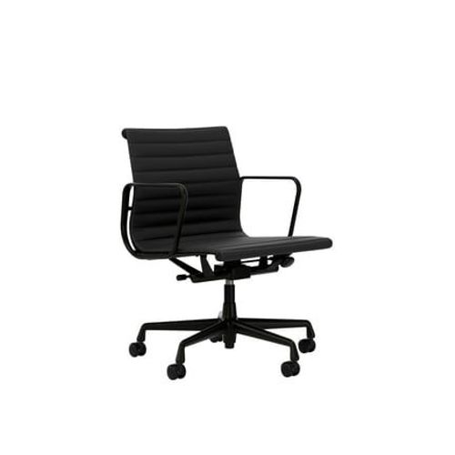Vitra - Chaise En Aluminium Ea 117, Structure Polie, Roulettes Souples Pour Sols Durs - Noir Profond - Cuir Premium F/Plano - Asphalte/Gris Foncé - Roulettes Pour Tapis De Sol - Gris