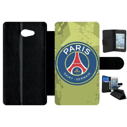 Etui A Rabat - Blason Club Fc Paris Saint Germain - Compatible Avec Sony Xperia M2 - Simili-Cuir - Bord Noir