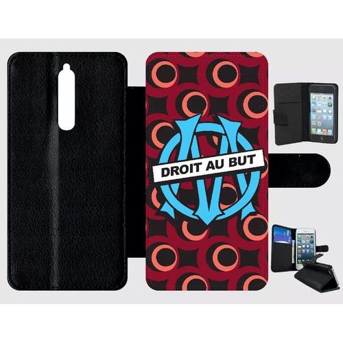 Etui A Rabat - Blason Club Fc Olympique De Marseilles - Compatible Avec Nokia 8 - Simili-Cuir - Bord Noir