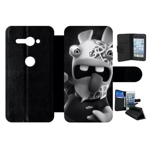 Etui A Rabat - Lapin Cretin Fait Du Rugby - Compatible Avec Sony Xperia Xz2 Compact - Simili-Cuir - Bord Noir