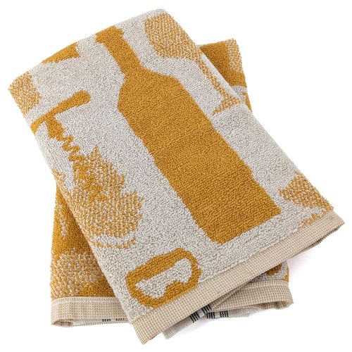 Lot De 2 Torchons De Cuisine Pur Coton 50x50 Cm Vitis Motifs Viticole Jaune