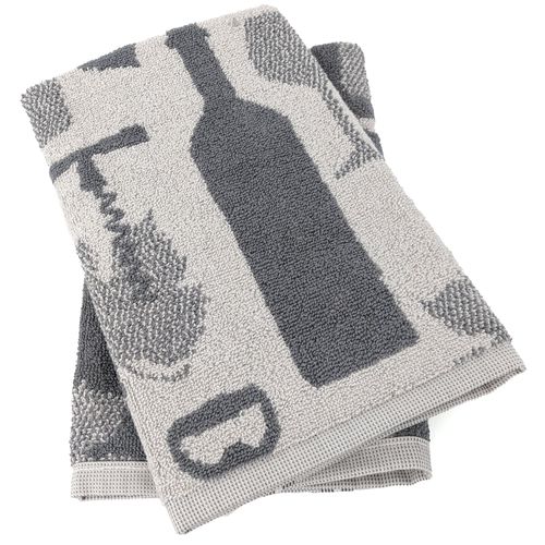 Lot De 2 Torchons De Cuisine Pur Coton 50x50 Cm Vitis Motifs Viticole Gris