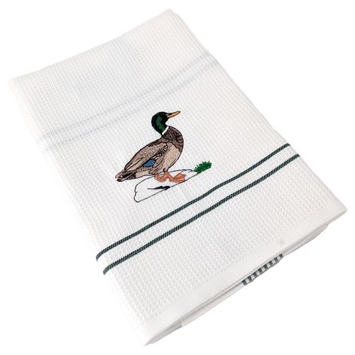 Torchon De Cuisine 50x70 Cm Waffle Brodé Coton Blanc Vert Avec Broderie Canard