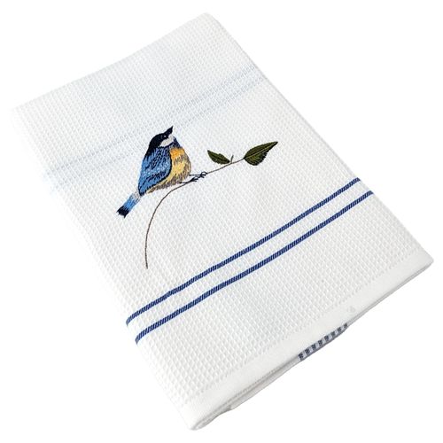 Torchon De Cuisine 50x70 Cm Waffle Brodé Coton Blanc Bleu Avec Broderie Oiseaux